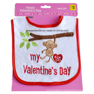 Promotional Cotton Terry White Embroidered Valentine′s Day Velcro Custom Baby Bib